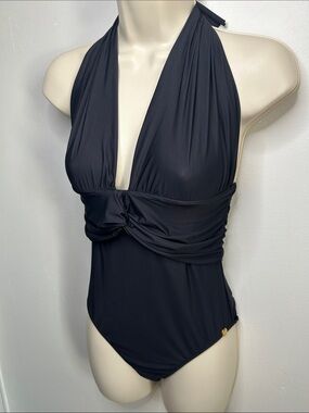 Costa Leste Brazil Black Deep Plunge Halter Neck One Piece Swimsuit